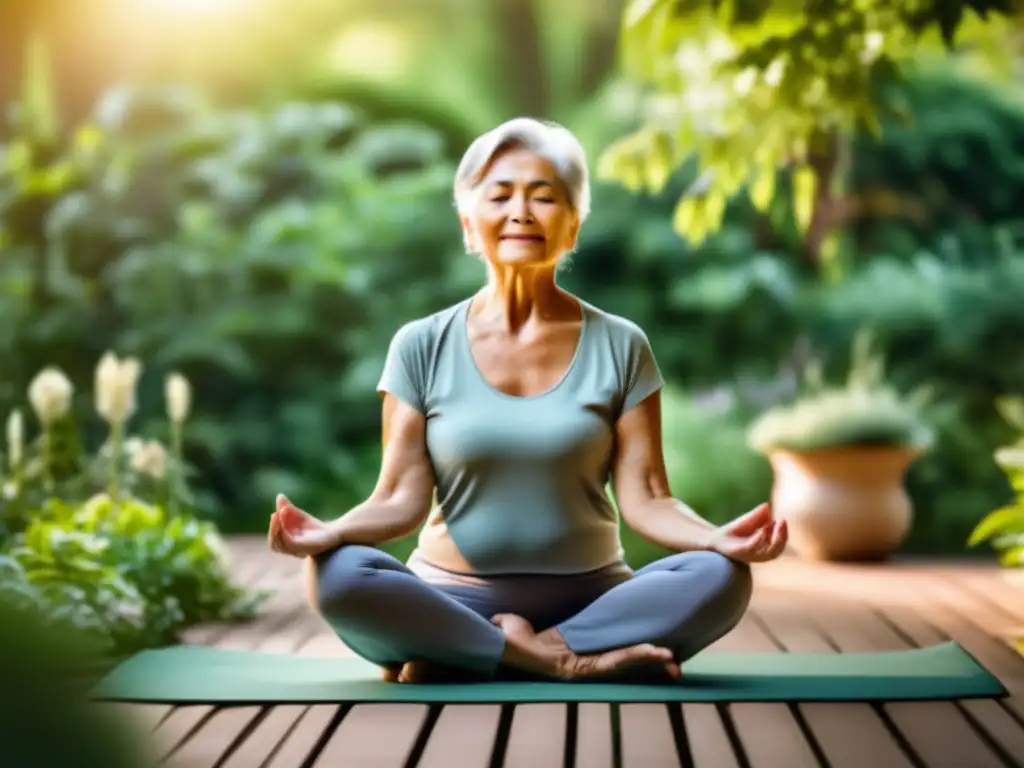 Una mujer mayor practica yoga en un jardín tranquilo, rodeada de plantas verdes y suave luz solar. <b>Transmite serenidad y calma, ilustrando el manejo del estrés oxidativo en envejecimiento.