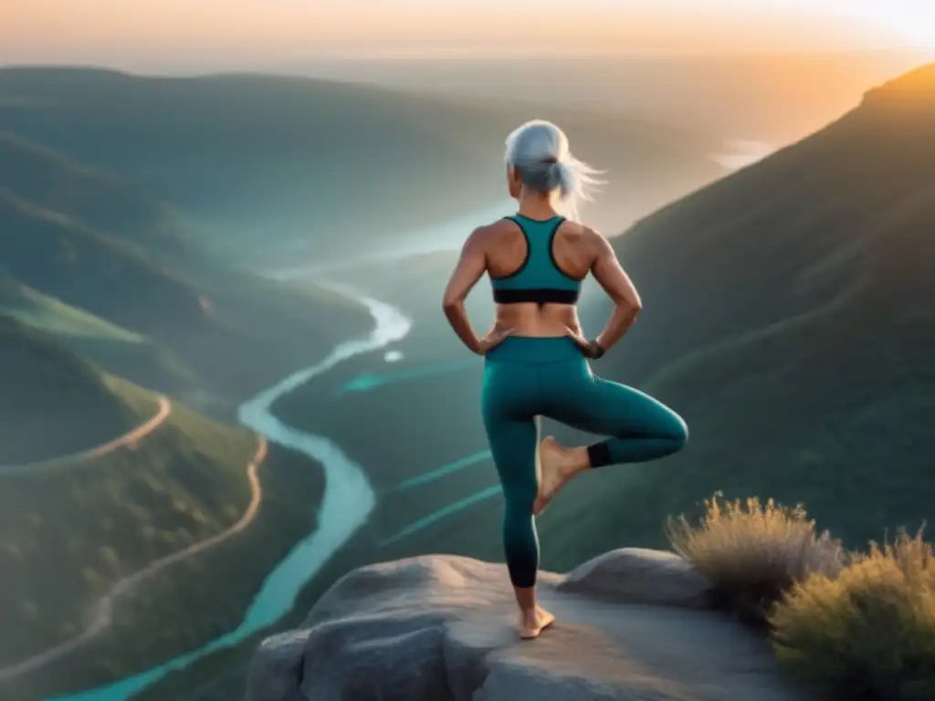 'Una mujer mayor realiza yoga al amanecer en un acantilado, destacando los beneficios del ejercicio de alta intensidad.'