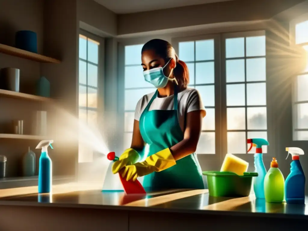 Mujer preocupada usando guantes y mascarilla para limpiar con productos, reflejando los efectos a largo plazo de los productos de limpieza.