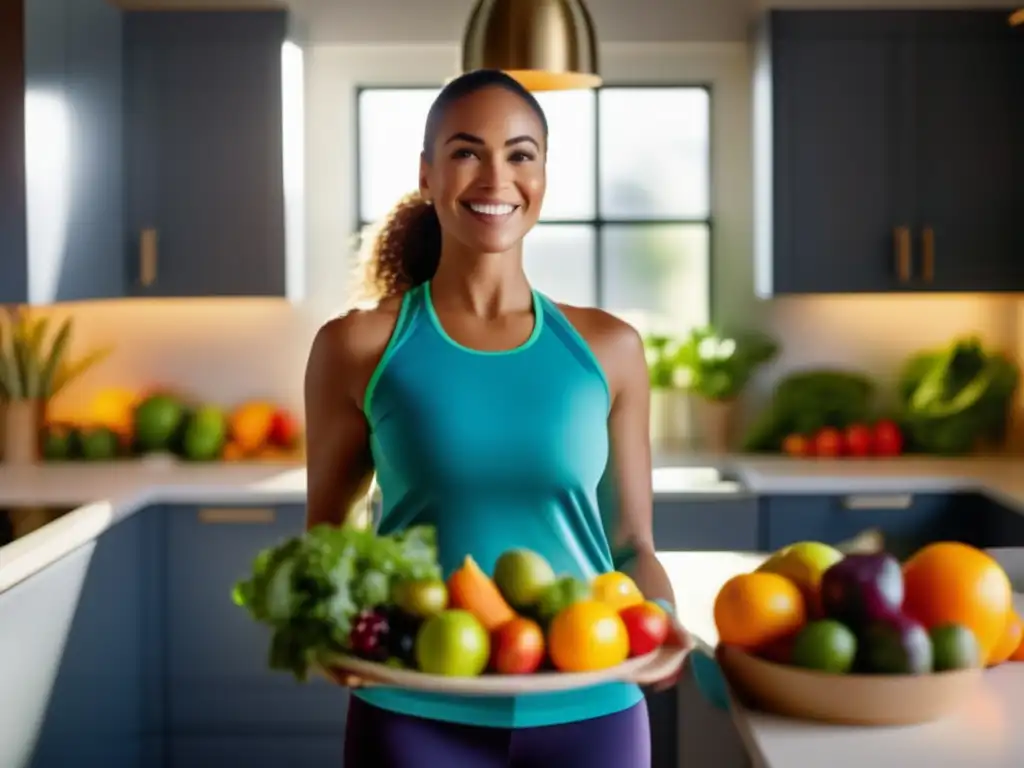 Una mujer en ropa deportiva sostiene un plato de frutas y verduras frescas en una cocina soleada, irradiando vitalidad y salud. Los colores vibrantes evocan bienestar y nutrición, destacando los beneficios del ayuno intermitente para la obesidad.