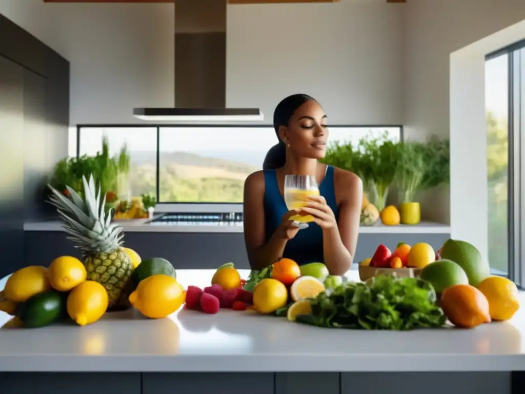 Una mujer disfruta de un vaso de agua con limón en una cocina minimalista, con frutas y verduras frescas al fondo. <b>La luz matutina realza la escena.</b> <b>Hidratación y nutrición en ayuno intermitente.