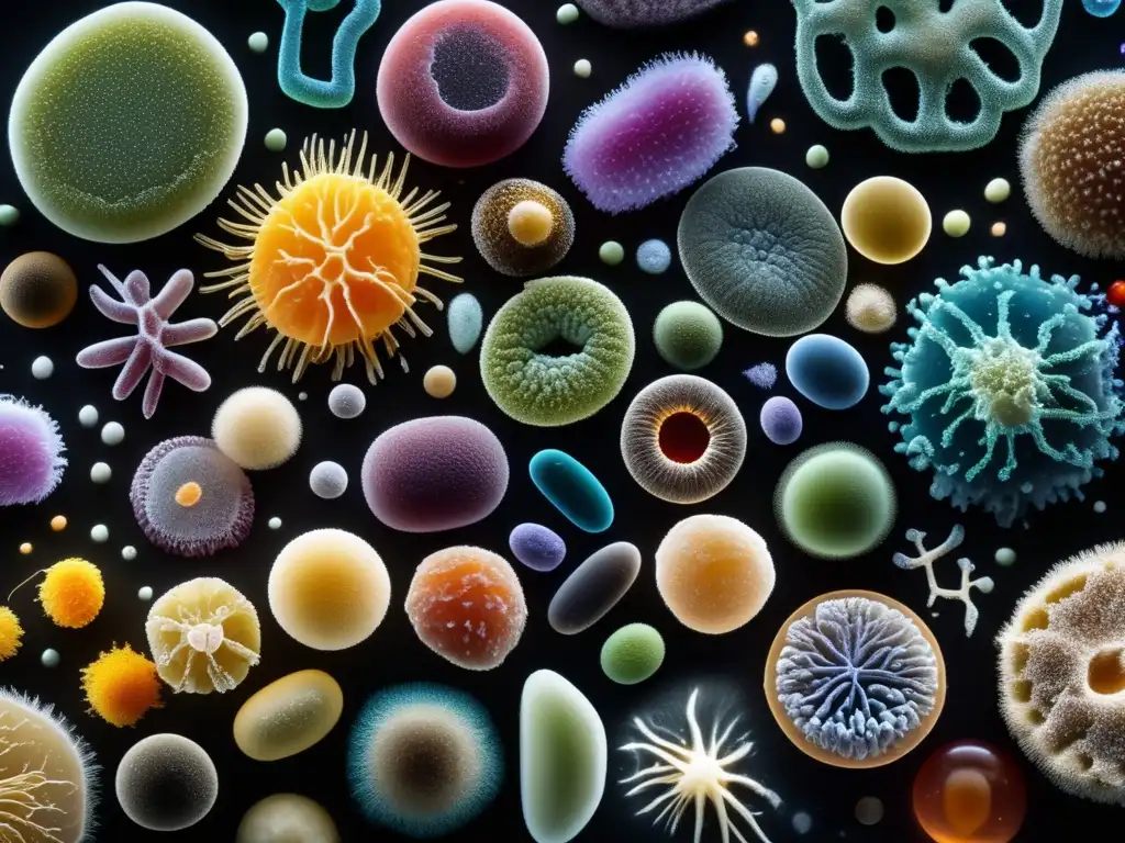 Un mundo microscópico diverso y vibrante en el microbioma, revelando la complejidad y diversidad de los microorganismos en una imagen detallada.