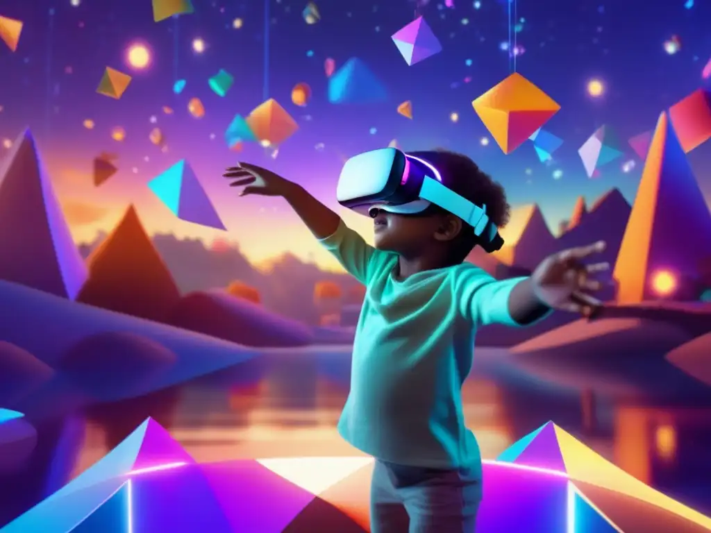 Un niño explorando un mundo virtual con asombro y alegría. <b>Realidad virtual en salud mental infantil.