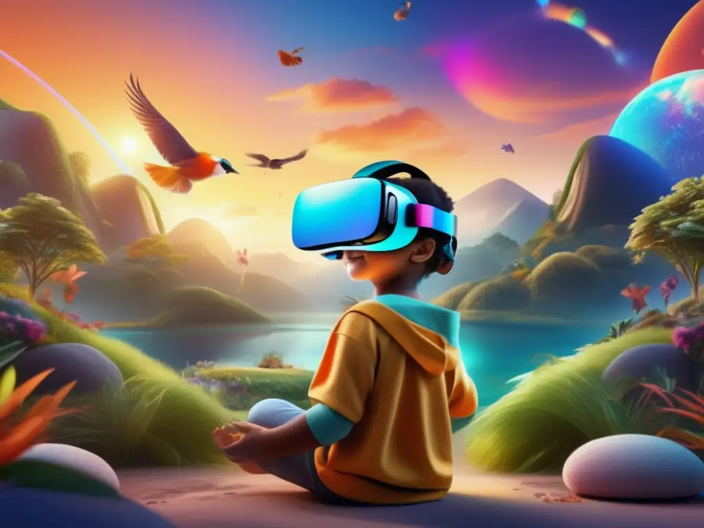 Un niño sonriente usando un casco de realidad virtual en un entorno vibrante y tranquilizador. <b>Realidad virtual en salud mental infantil.