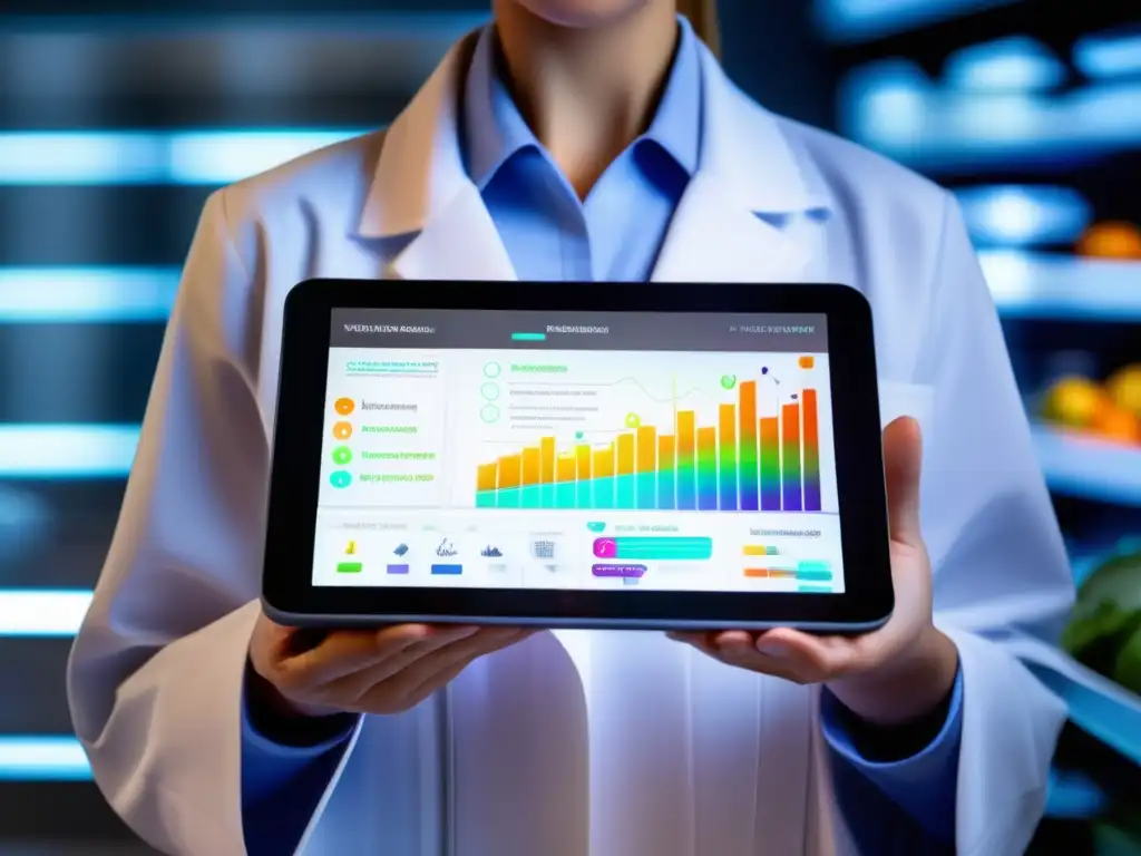 Un nutricionista en un laboratorio de alta tecnología muestra una tablet transparente con datos de nutrición personalizada con IA.