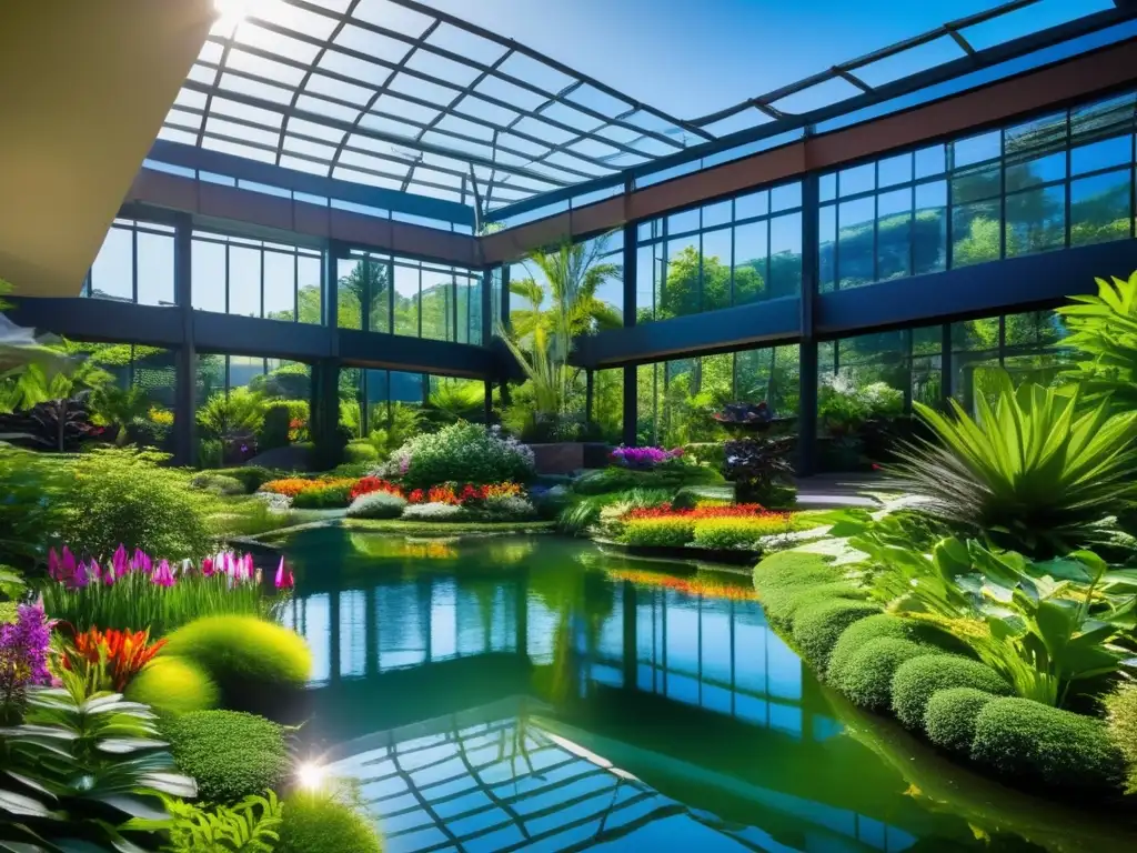 Un oasis botánico de exuberantes plantas y flores exóticas, con un sereno estanque en el centro reflejando el cielo azul. <b>Rodeado de arquitectura moderna, es un retiro botánico para longevidad saludable.