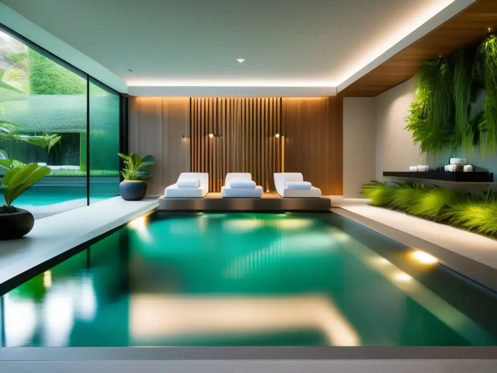 Un oasis de tranquilidad en un spa moderno con piscina interior rodeada de vegetación, iluminación natural y zonas de relajación, invitando a la desintoxicación para alargar vida saludable.