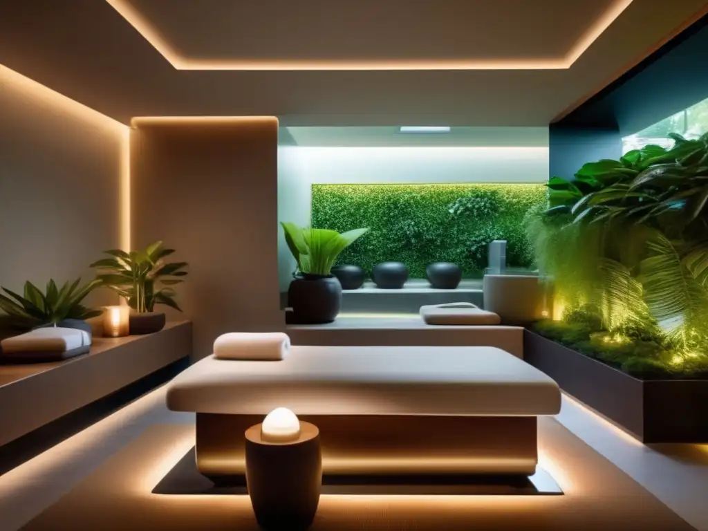 Un oasis de tranquilidad en un spa moderno con iluminación suave y diseño minimalista. Técnicas de desintoxicación para longevidad.