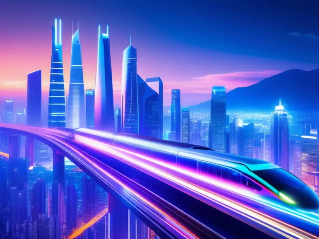 Un paisaje urbano futurista de una ciudad bulliciosa de noche, con rascacielos y luces de neón. <b>Un tren de alta velocidad atraviesa la ciudad, dejando estelas de luz.</b> La imagen evoca la tecnología avanzada y el progreso, sugiriendo las posibilidades futuras de longevid