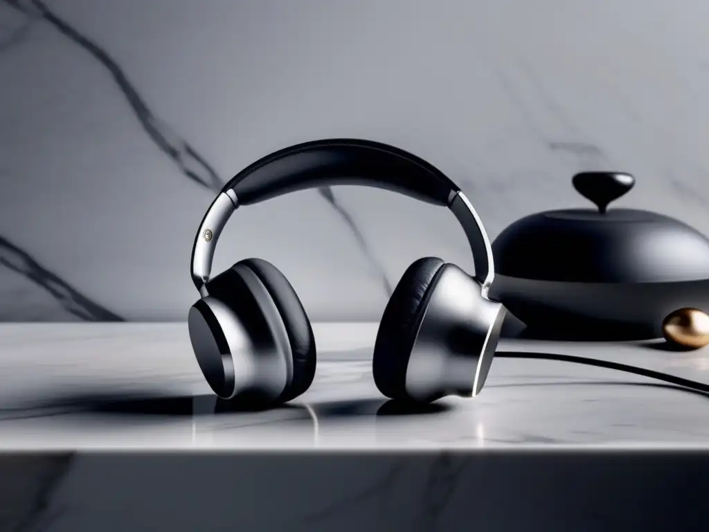 Un par de auriculares inteligentes elegantes descansando sobre una encimera de mármol, con un diseño minimalista en negro mate y sutiles indicadores LED. <b>El fondo ligeramente difuminado resalta la sofisticada estética moderna de los auriculares.</b> Los sensores integrados muestran la avanzada tecn