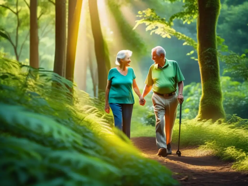 'Una pareja de ancianos camina en un bosque verde y luminoso, mostrando la conexión entre la longevidad y el cambio climático.'