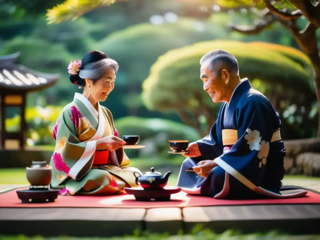 Una pareja de ancianos de Okinawa participa en una ceremonia de té tradicional en un jardín sereno con vegetación exuberante y flores coloridas. <b>La luz del sol filtra a través de los árboles, creando un brillo cálido y etéreo sobre la escena.</b> Los detalles intrincados