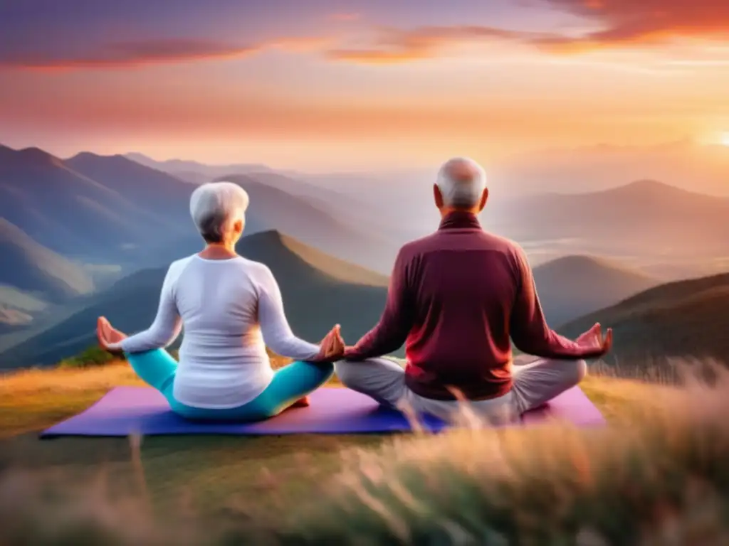 'Una pareja de ancianos practicando yoga en la cima de una montaña al amanecer, preparación mental y física para longevidad'