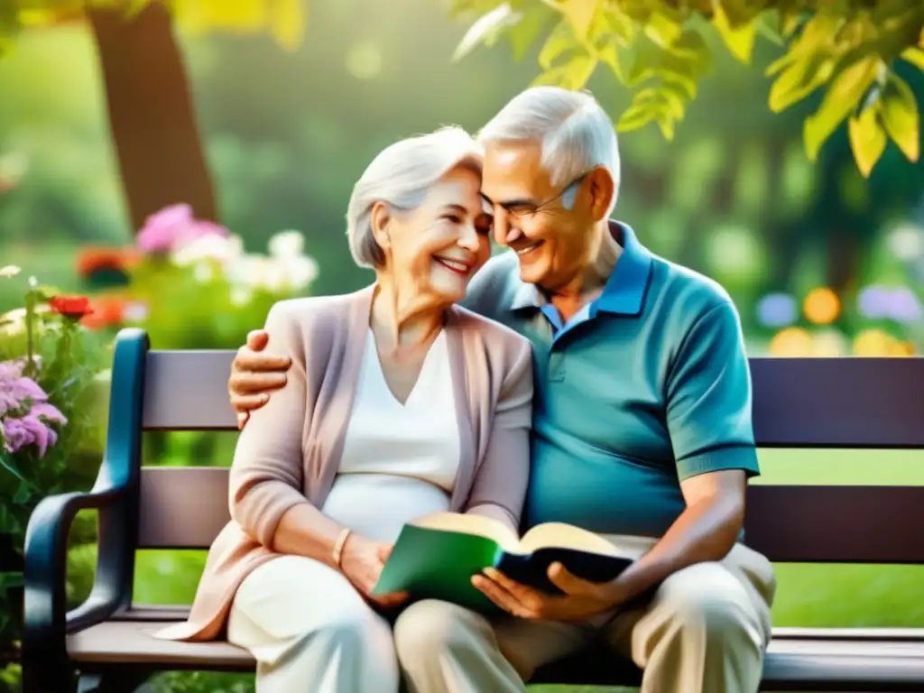 'Una pareja mayor disfrutando del parque, rodeados de naturaleza exuberante. <b>El hombre sonríe amablemente, con el brazo alrededor de la mujer, quien sostiene un libro sobre inversión y ahorro para longevidad.</b> Ambos irradian sabiduría y tranquilidad, bañados por