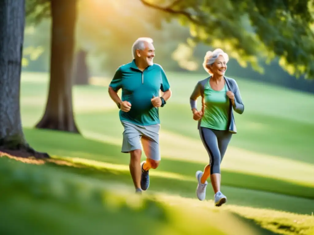 'Pareja mayor disfrutando de un paseo en el parque, con la luz matutina iluminando los árboles. <b>Ejercicio físico para vida longeva.'