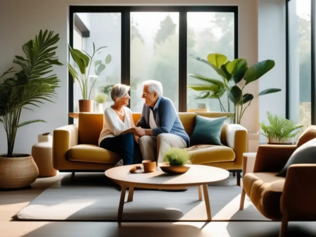 Una pareja de ancianos comparte un momento tierno en una sala moderna, iluminada por luz natural. <b>Refleja relaciones duraderas en el tiempo.