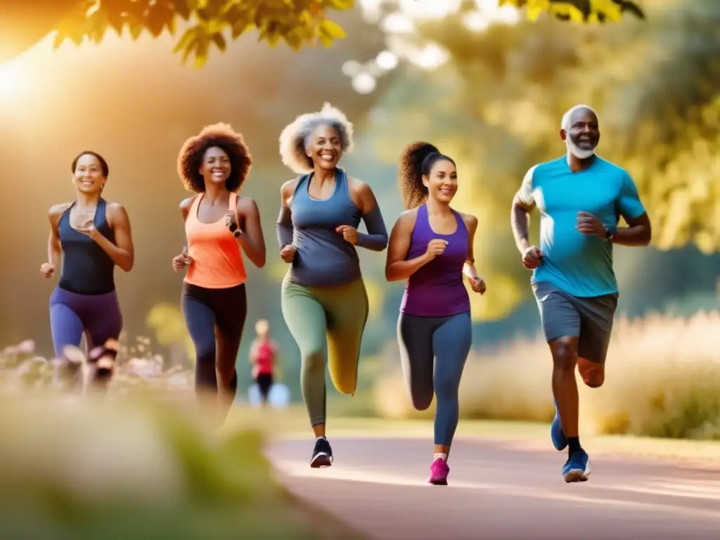 Un parque vibrante donde personas diversas disfrutan de actividades físicas al aire libre, promoviendo la prevención diabetes tipo 2 complicaciones.