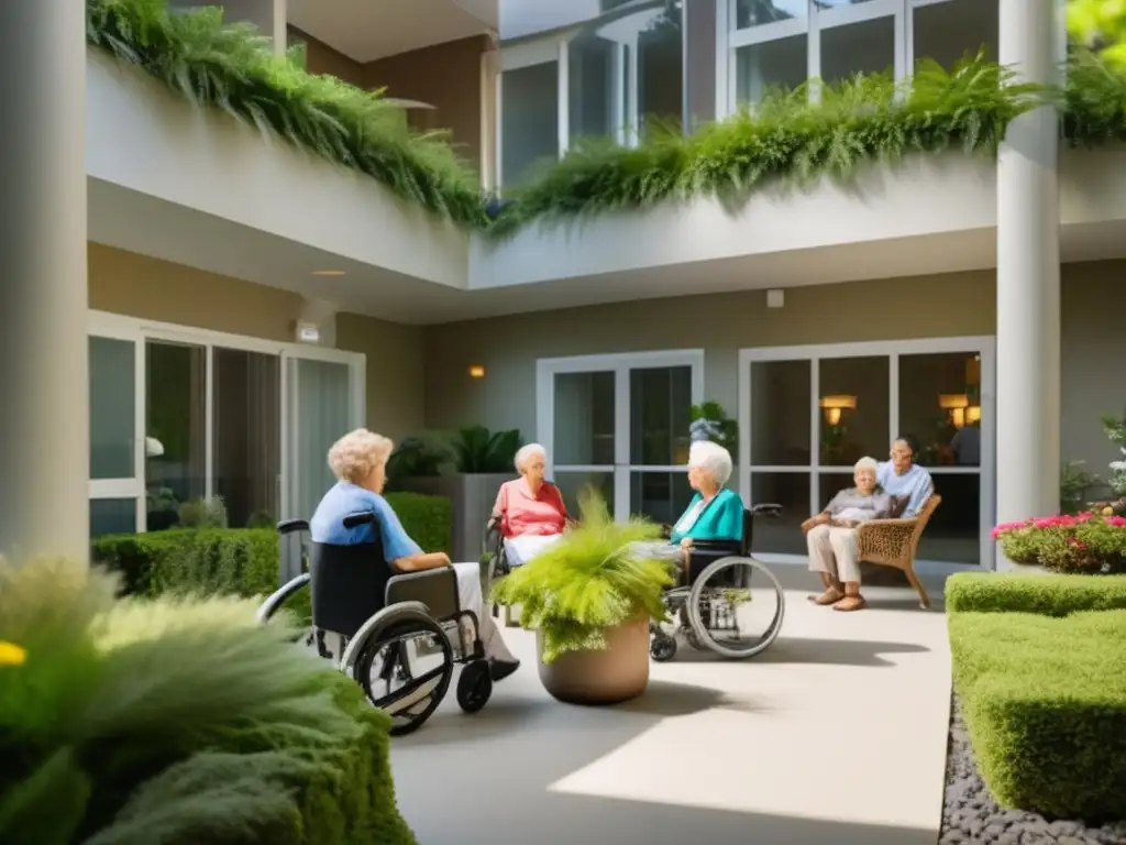 'Un patio de residencia para adultos mayores con vegetación exuberante, áreas de descanso y luz natural. Una atmósfera de tranquilidad y comunidad refuerza la importancia de la ética del cuidado en longevidad.'