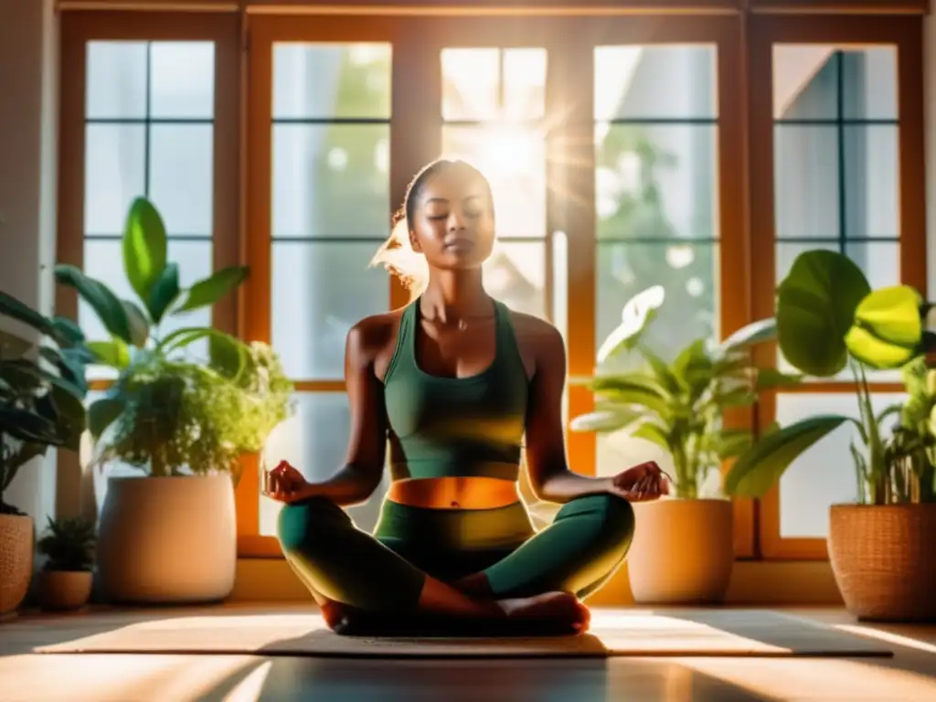 Una persona practica ayuno intermitente en un ambiente tranquilo y sereno, rodeada de plantas verdes. <b>Beneficios psicológicos ayuno intermitente.