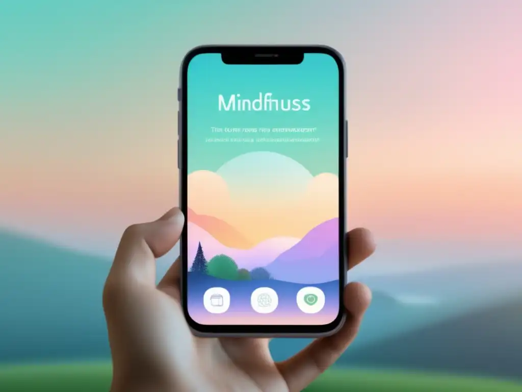 Una persona diversa usa una app de bienestar emocional en un móvil moderno. <b>La escena muestra serenidad y bienestar.