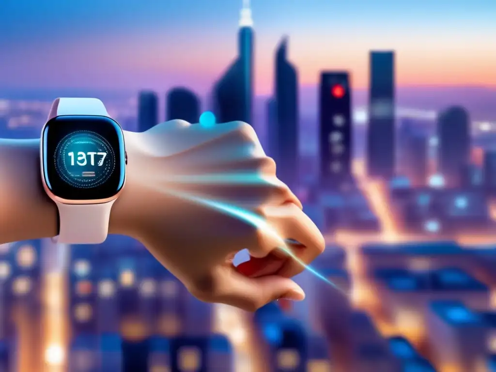 Una persona usa un elegante smartwatch con datos de salud en una ciudad futurista, resaltando los beneficios de los smartwatches para la salud.