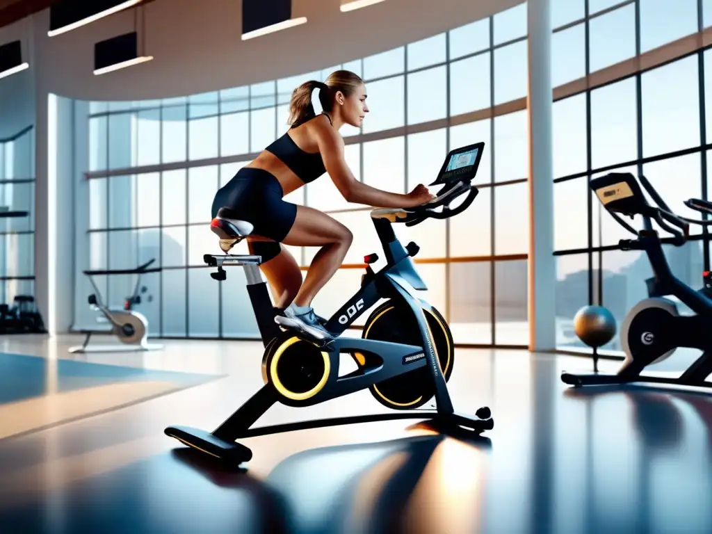 Una persona enfocada pedaleando en una bicicleta estática moderna en un gimnasio luminoso, mostrando los beneficios para la longevidad.