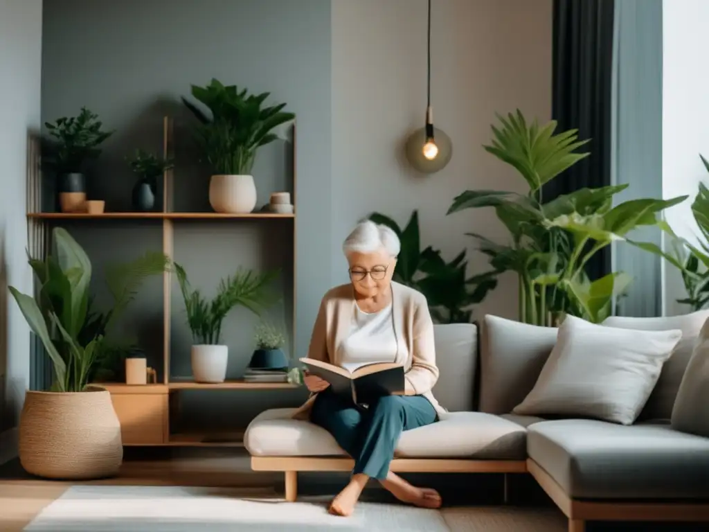 'Persona mayor disfrutando de su autonomía personal en un moderno salón luminoso, rodeada de plantas y tranquilidad.'