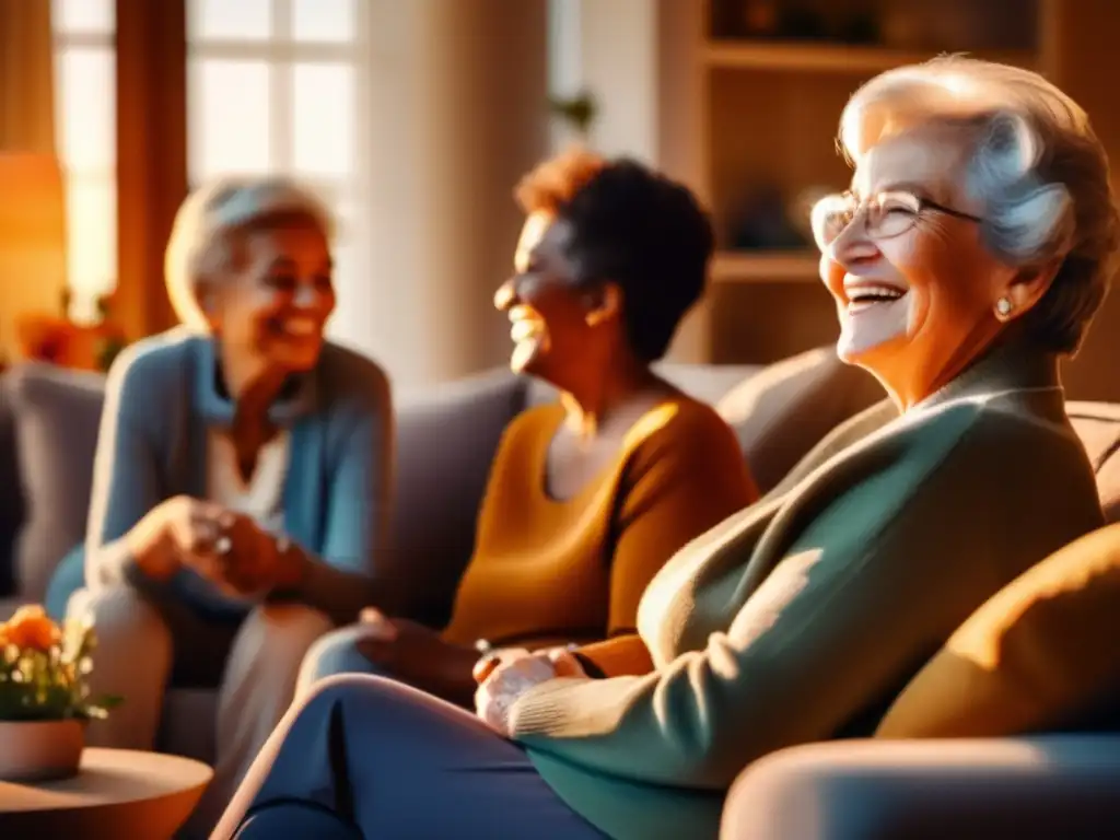 'Persona mayor disfrutando de la compañía de familiares y amigos en una sala acogedora. <b>Importancia relaciones sociales en longevidad.'