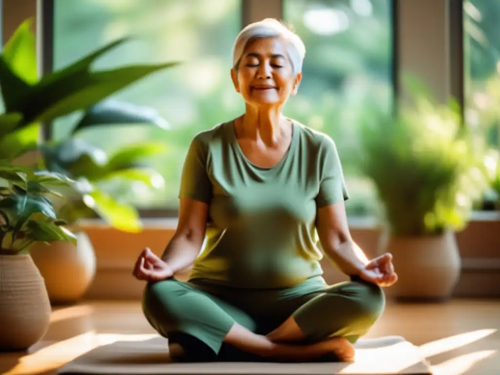 'Persona mayor meditando en un espacio luminoso y armonioso, rodeada de plantas, desarrollando resiliencia psicológica en la tercera edad'