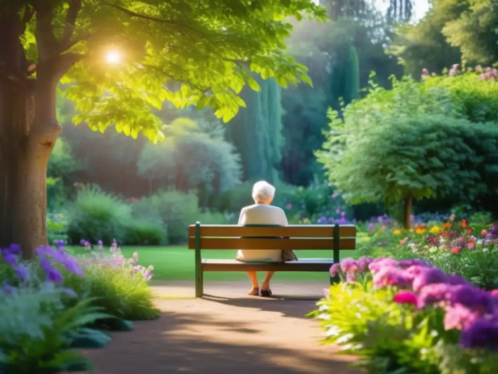 Una persona mayor disfruta la paz de un jardín exuberante, tocando una flor. <b>Beneficios del contacto con la naturaleza en la vejez.