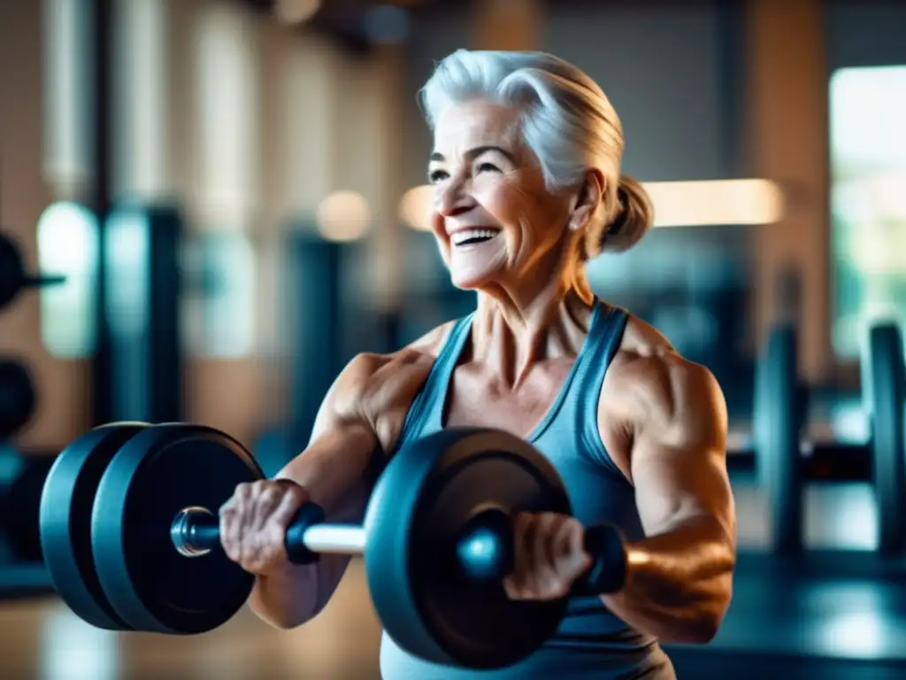 Una persona mayor levanta pesas con confianza en un gimnasio luminoso, mostrando vitalidad y determinación. <b>El fondo moderno destaca el equipo de entrenamiento con pesas para longevidad saludable.