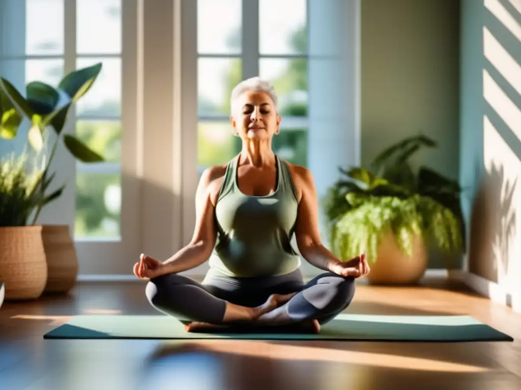 Una persona mayor practica yoga en un espacio sereno y moderno, rodeada de plantas verdes. <b>Consejos para gestionar el estrés en la vejez.