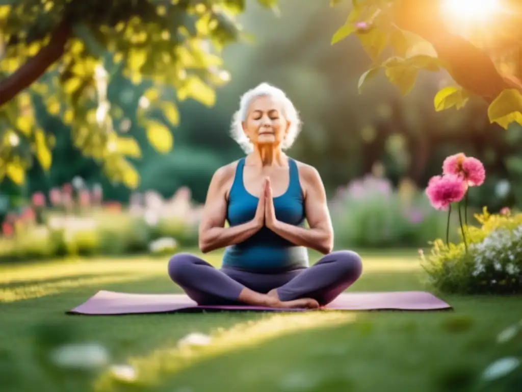 'Persona mayor desarrollando resiliencia psicológica con yoga en jardín tranquilo y floreado'