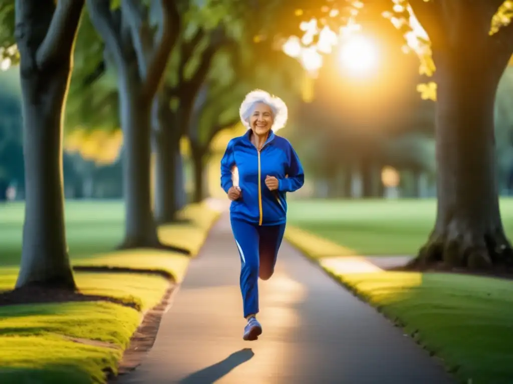 'Una persona mayor sonriente y vital corre en un parque al atardecer, rodeada de naturaleza exuberante. <b>Actividad física y longevidad saludable.'