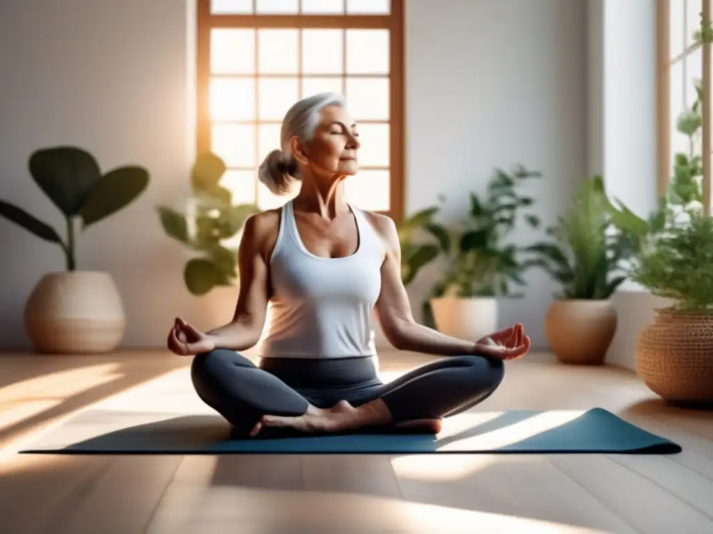 Una persona mayor tranquila practicando yoga en un ambiente sereno con plantas y decoración natural. <b>Técnicas para gestionar el estrés en la vejez.