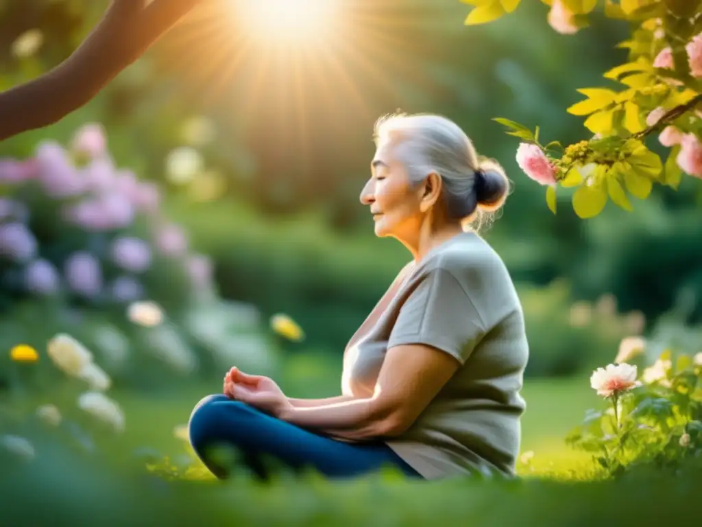 Una persona mayor practica mindfulness en un jardín tranquilo, rodeada de flores. <b>La luz suave crea una atmósfera serena.</b> <b>Personas centenarias practicando mindfulness.