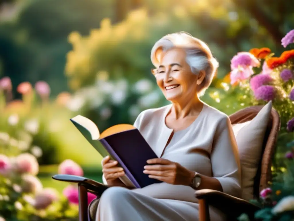 'Persona mayor disfrutando de un jardín tranquilo y soleado, rodeada de flores vibrantes. <b>Sonríe con un libro en mano.</b> Consejos para una vida longeva.'