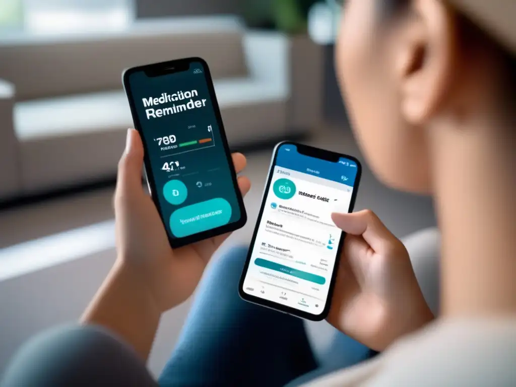 Una persona organizada y proactiva utiliza una app de recordatorio de medicación en su smartphone, demostrando la importancia de la longevidad.