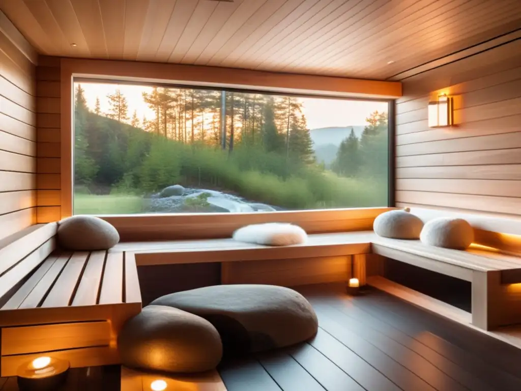 Dos personas disfrutan de los beneficios de baños de vapor para longevidad en un lujoso y moderno sauna con iluminación LED suave y vistas a un paisaje tranquilo a través de una gran ventana.