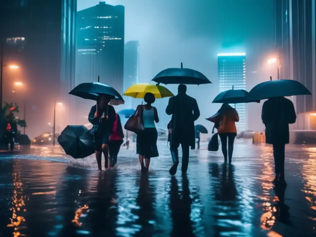 Personas en una ciudad moderna luchan por navegar calles inundadas durante una tormenta severa. <b>El agua refleja luces de neón, creando una escena dramática y caótica que transmite el impacto inmediato de los efectos del estrés climático en la longevidad.</b> La vulnerabilidad y