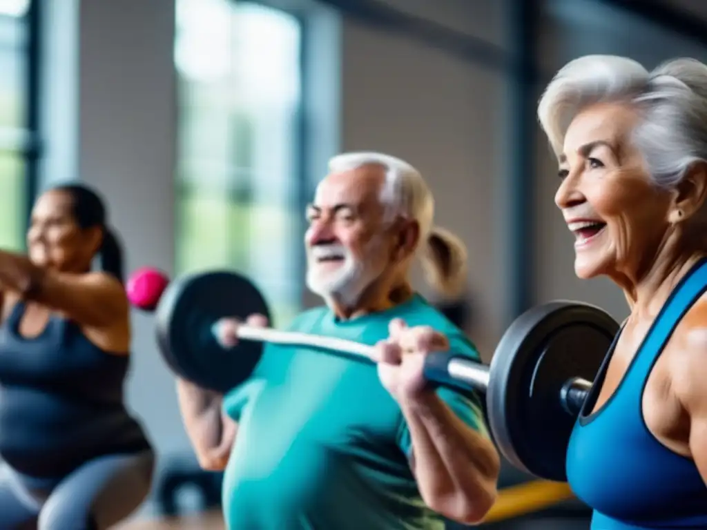 'Personas mayores levantando pesas en un gimnasio moderno, mostrando determinación y músculos tonificados. <b>Beneficios de pesas para longevidad.'