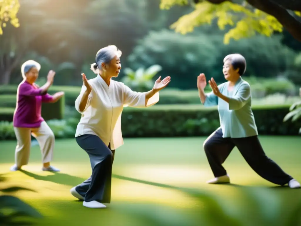 Personas mayores practican tai chi en un jardín sereno. <b>La luz matutina resalta su gracia.</b> El entorno armonioso promueve la longevidad y el bienestar.