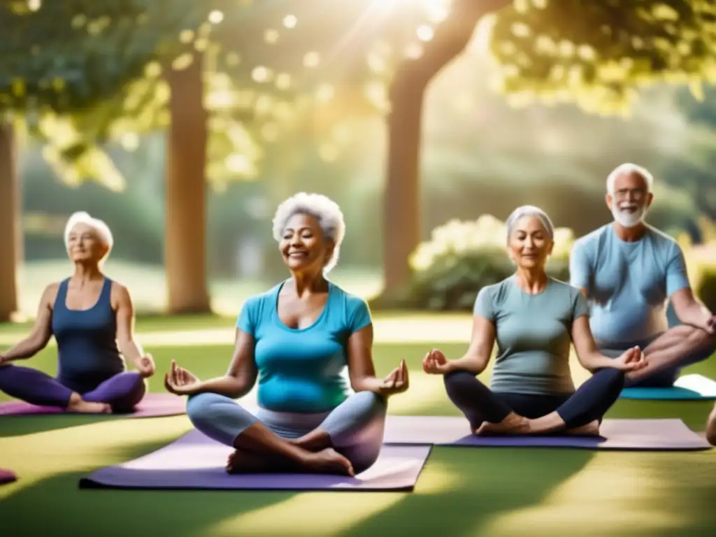 Personas mayores disfrutan de una sesión de yoga en un jardín sereno, transmitiendo paz y vitalidad. <b>Mindfulness en la tercera edad.