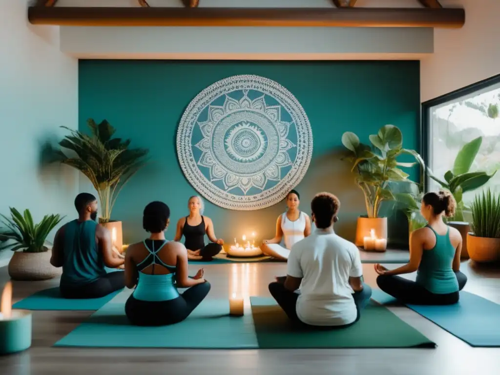 Personas practicando técnicas de respiración para longevidad en una sala de meditación luminosa y serena con decoración minimalista, cojines cómodos y tonos suaves.