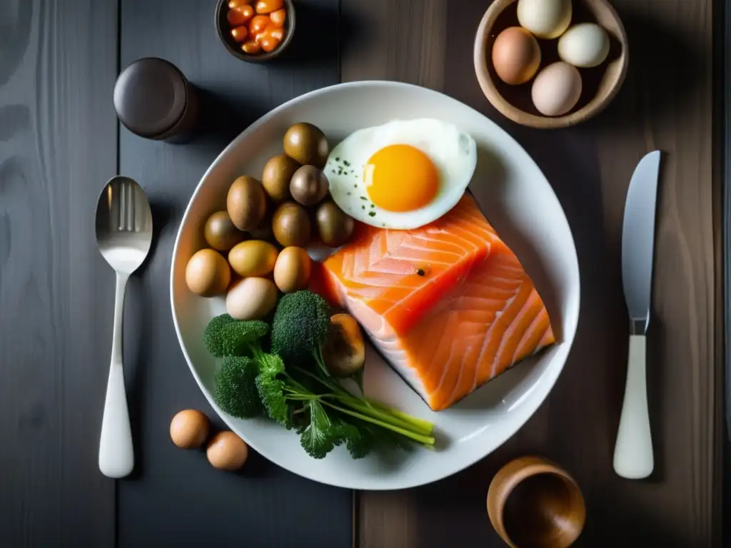 Un plato blanco minimalista exhibe una variedad de alimentos ricos en vitamina D como salmón, huevos y lácteos fortificados, sobre un fondo de madera oscuro. La iluminación suave realza sus colores y texturas naturales, transmitiendo diversidad y abundancia nutricional.