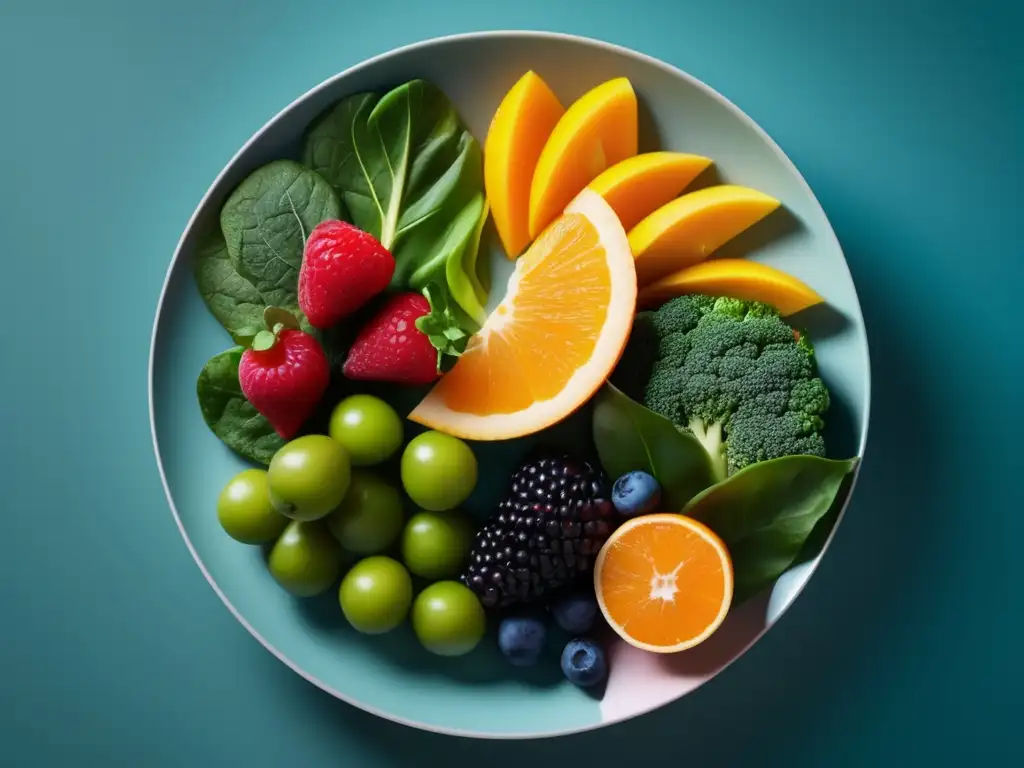 Un plato colorido y vibrante con alimentos nutritivos, contra un fondo minimalista, iluminado suavemente. <b>Nutrición para centenarios saludables.