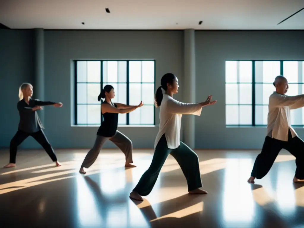 Practicantes de Tai Chi y Qi Gong disfrutan de los beneficios de la práctica en un estudio sereno y moderno.