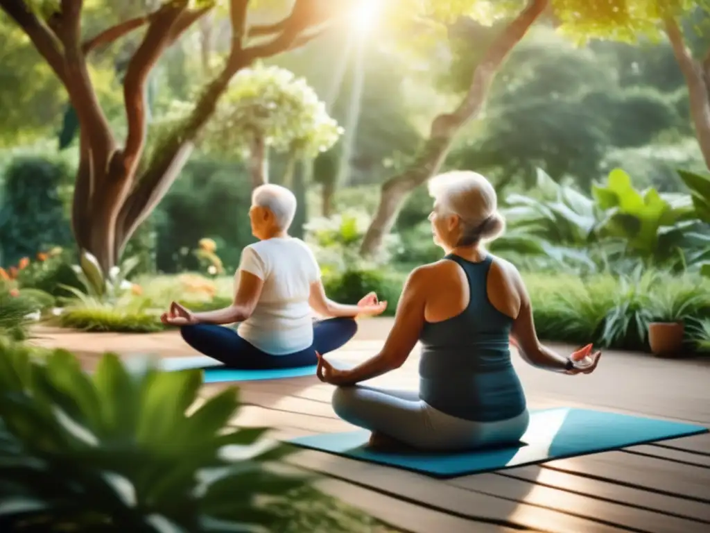 'Prácticas de mindfulness para envejecimiento saludable: grupo de adultos mayores practicando yoga en un jardín tranquilo y exuberante, rodeados de naturaleza vibrante y luz suave.'