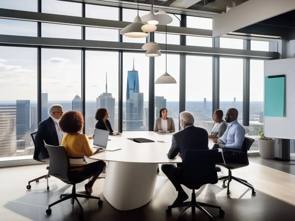 Profesionales colaborando en oficina moderna con vista a la ciudad. <b>Refleja la diversidad generacional y la evolución del entorno laboral.</b> <b>Retos éticos longevidad vida laboral.