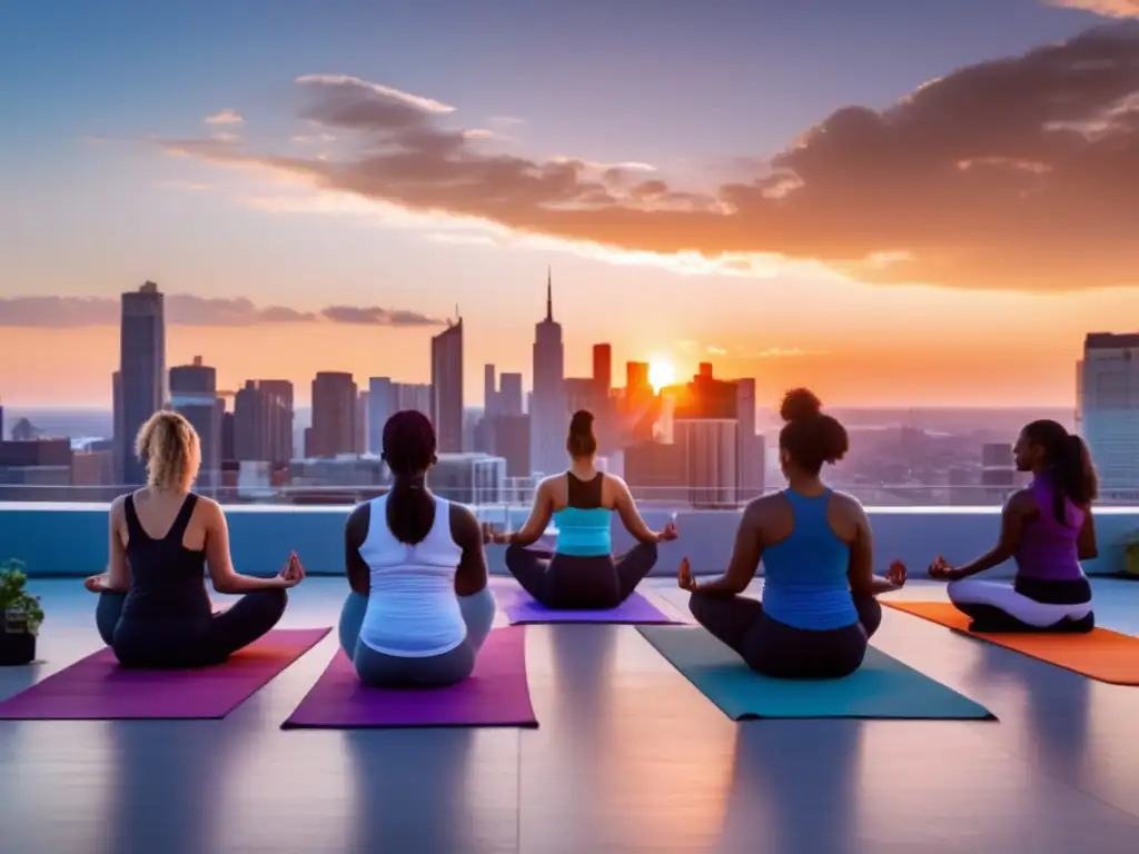 Profesionales practican yoga al atardecer en una azotea con vista a la ciudad. <b>Ambiente tranquilo y enfoque.</b> <b>Programas de bienestar para longevidad laboral.